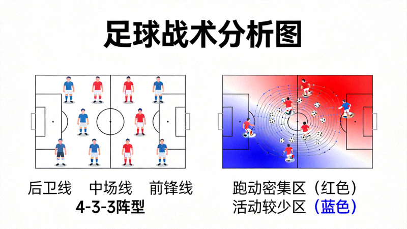 足球战术分析图，展示球队阵型和球员跑动热区
